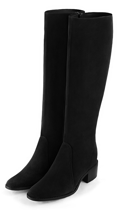 Matt black women's riding knee-high boots. Round toe. Low leather soles. Made to measure. Front view - Florence KOOIJMAN